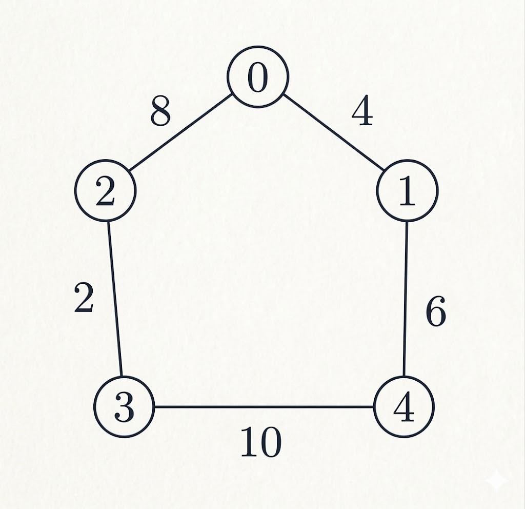 A weighted undirected graph with 5 vertices labeled 0 to 4. The edges and their weights are: edge between 0 and 1 with weight 4, edge between 0 and 2 with weight 8, edge between 1 and 4 with weight 6, edge between 2 and 3 with weight 2, and edge between 3 and 4 with weight 10.