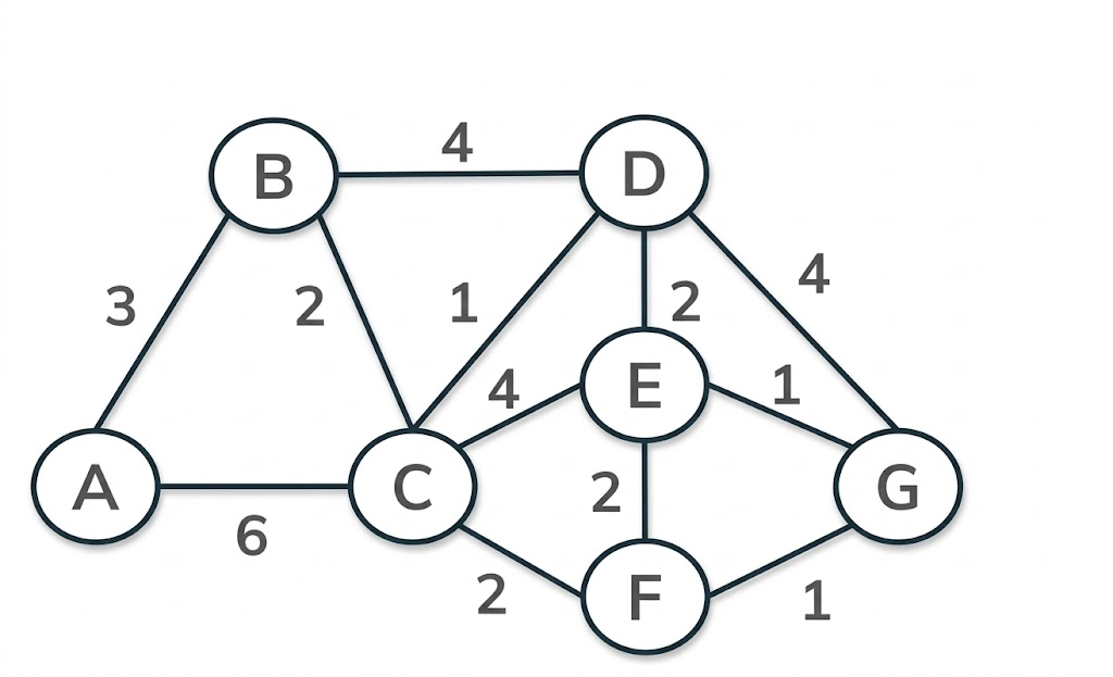 Undirected graph with vertices A, B, C, D, E, F, G and the following weighted edges: A-B with weight 3, A-C with weight 6, B-C with weight 2, B-D with weight 4, C-D with weight 1, C-E with weight 4, C-F with weight 2, D-E with weight 2, D-G with weight 4, E-F with weight 2, E-G with weight 1, and F-G with weight 1.