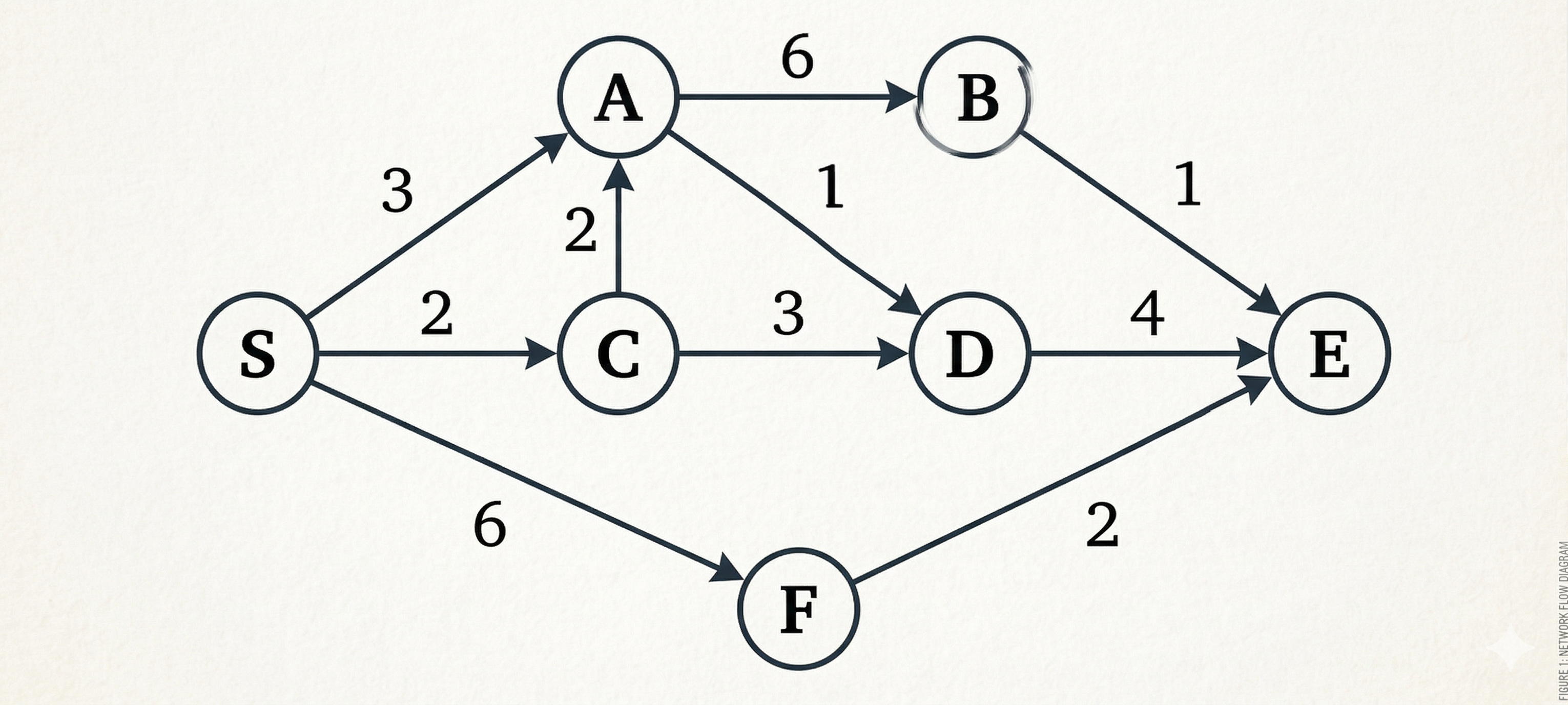 Directed graph with vertices S, A, B, C, D, E, F and the following weighted directed edges: S to A with weight 3, S to C with weight 2, S to F with weight 6, A to B with weight 6, A to C with weight 2, A to D with weight 1, C to D with weight 3, B to E with weight 1, D to E with weight 4, and F to E with weight 2.