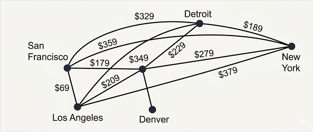 An undirected graph representing cities and flight prices. The vertices are San Francisco, Los Angeles, Denver, Detroit, and New York. The edges and their weights (flight prices) are: San Francisco to Los Angeles ($69), San Francisco to Denver ($179), San Francisco to Detroit ($359), San Francisco to New York ($329), Los Angeles to Denver ($209), Los Angeles to New York ($349), Denver to Detroit ($229), Denver to New York ($279), and Detroit to New York ($189).