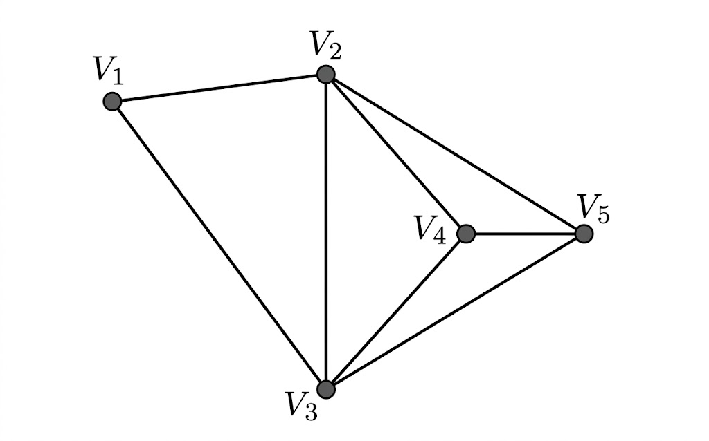 An undirected graph with 5 vertices labeled V1, V2, V3, V4, and V5. The edges connect the following pairs of vertices: V1 is connected to V2 and V3. V2 is connected to V1, V3, V4, and V5. V3 is connected to V1, V2, and V4. V4 is connected to V2, V3, and V5. V5 is connected to V2 and V4.