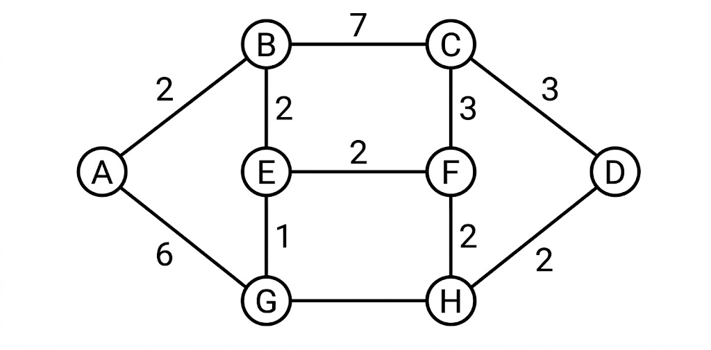 An undirected weighted graph with 8 vertices labeled A, B, C, D, E, F, G, and H. The edges and their corresponding weights are as follows: Edge A to B with weight 2; Edge A to G with weight 6; Edge B to C with weight 7; Edge B to E with weight 2; Edge C to D with weight 3; Edge C to F with weight 3; Edge D to H with weight 2; Edge E to F with weight 2; Edge E to G with weight 1; Edge F to H with weight 2; and an edge between G and H with no explicit weight given.