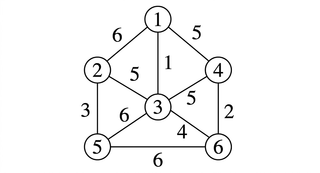An undirected graph with 6 vertices labeled 1 to 6 in circles. The edges and their weights are: edge between 1 and 2 with weight 6; edge between 1 and 3 with weight 1; edge between 1 and 4 with weight 5; edge between 2 and 3 with weight 5; edge between 2 and 5 with weight 3; edge between 3 and 4 with weight 5; edge between 3 and 5 with weight 6; edge between 3 and 6 with weight 4; edge between 4 and 6 with weight 2; edge between 5 and 6 with weight 6.