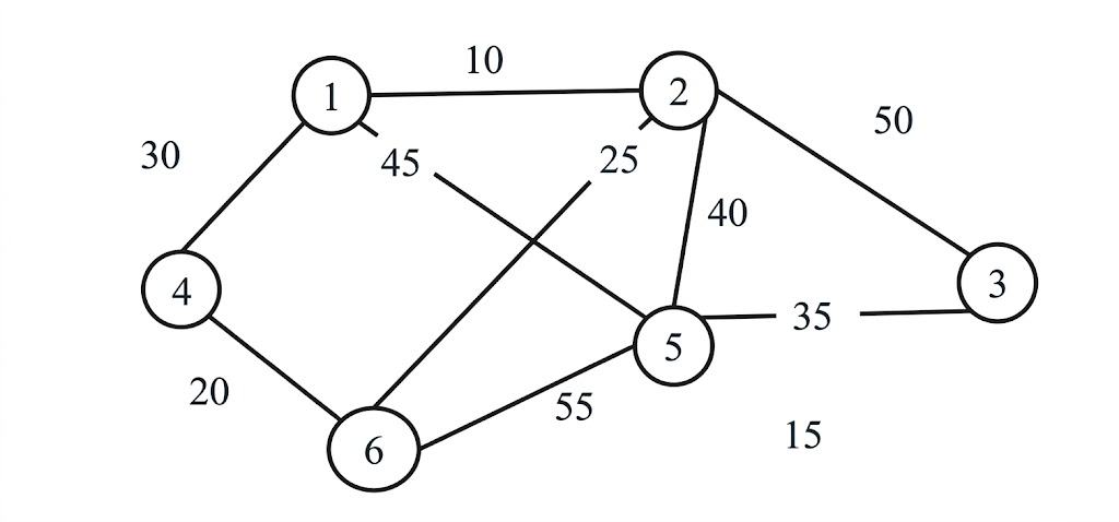 An undirected weighted graph with 6 vertices labeled 1 through 6. The edges and their corresponding weights are as follows: Edge 1 to 2 with weight 10; Edge 1 to 4 with weight 30; Edge 1 to 5 with weight 45; Edge 2 to 3 with weight 50; Edge 2 to 5 with weight 40; Edge 2 to 6 with weight 25; Edge 3 to 5 with weight 35; Edge 4 to 6 with weight 20; and Edge 5 to 6 with weight 55.